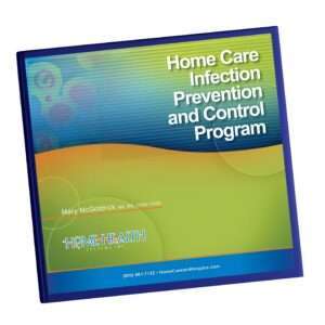 A blue and green book cover with the title of home care infection prevention and control program.